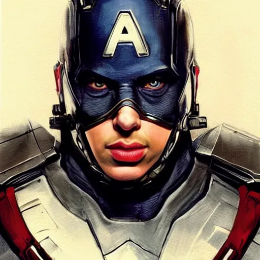 Image similar to captain america played by by scarlett johansson wearing heavy armour, face portrait, athletic strong body, hd shot, digital portrait, elegant, beautiful, fantasy art, artstation, comic style, by artgerm, guy denning, jakub rozalski, magali villeneuve and charlie bowater