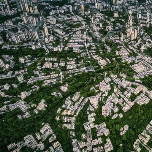 Image similar to a large city long abandoned by humans and overtaken by vegetation