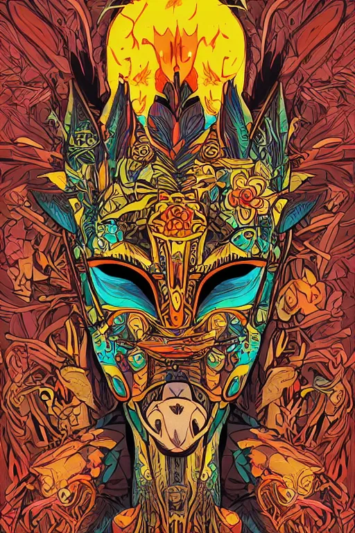 Image similar to animal mask totem roots flower tribal feather gemstone plant wood rock shaman vodoo video game vector cutout illustration vivid multicolor borderlands comics by josan gonzales and dan mumford radiating a glowing aura