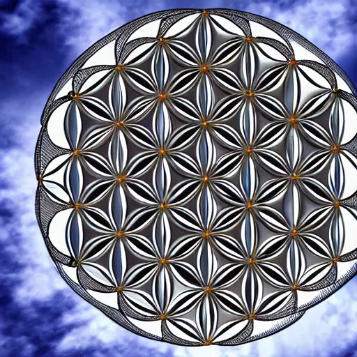 Image similar to wide angle photograph, flower of life sacred geometry covering the sky above a modern city, 4 k