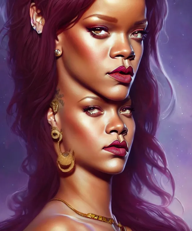 Image similar to Rihanna as a fantasy magic woman portrait, sci-fi, amber eyes, face, long hair, fantasy, intricate, elegant, highly detailed, digital painting, artstation, concept art, smooth, sharp focus, illustration, art by artgerm and greg rutkowski and alphonse mucha