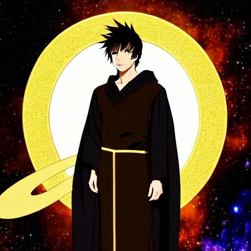 Image similar to a man with with brown hair, wearing a black robe with the tips made of gold, setting in space with a galaxy in the backround, anime, trending on artstation, high quality