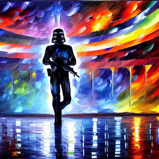 Image similar to A Neon Dark Trooper scanning a room with pulsating laser, artwork by Leonid Afremov