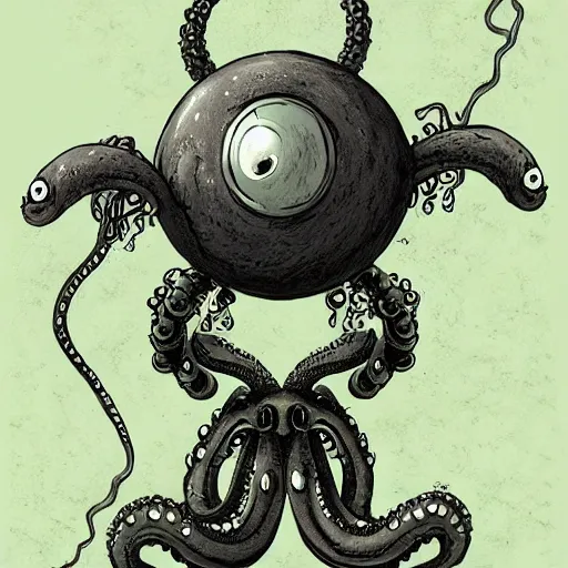 Image similar to Eyeless orb monster with many ears, tentacles holding guns, D&D, high quality, trending on artlist