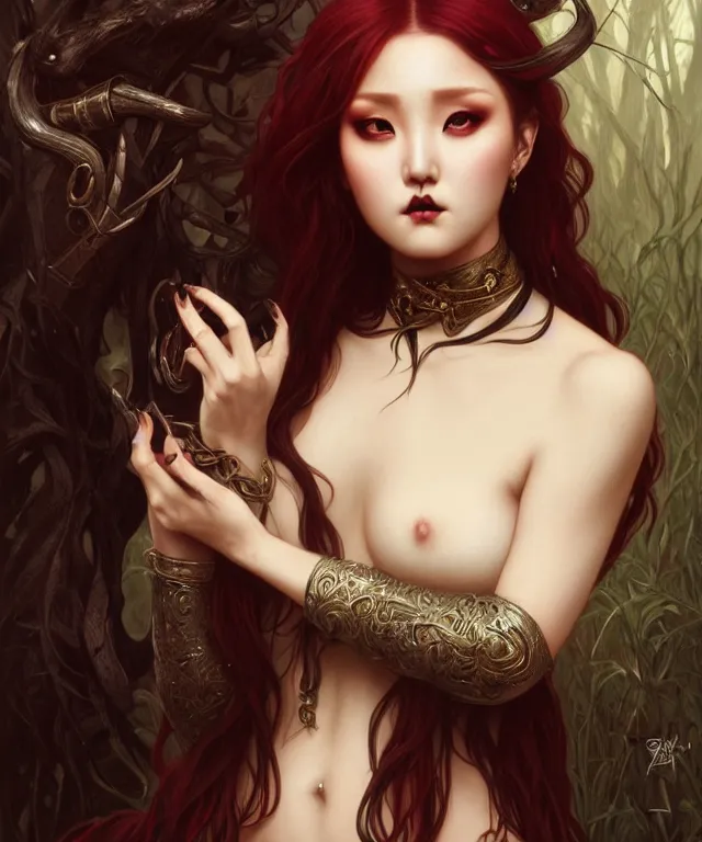 Prompt: hwasa as a gothic female fantasy satyr, portrait, fantasy, intricate, elegant, highly detailed, digital painting, artstation, concept art, smooth, sharp focus, illustration, art by artgerm and greg rutkowski and alphonse mucha