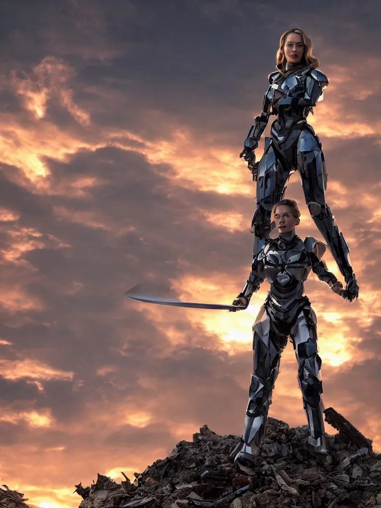 Image similar to emily blunt in futuristic power armor, by herself, holding a sword, standing atop a pile of rubble, sunset and big clouds behind her