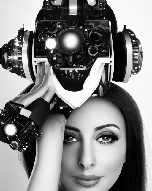 Image similar to centered portrait of flirtatious young sabrina salerno as a solarpunk mecha humanoid robotic parts and camera lens over left eye with bright led lights, real human face, pudica pose bouguereau style, white room, ultra - realistic and intricate, soft portrait shot 8 k