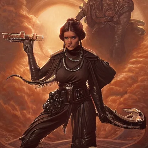 Image similar to princess Leia as a slayer guitar player, heavy tattoos, artstation, intricate, elegant, highly detailed, centered, digital painting, concept art, smooth, sharp focus, illustration, art by artgerm and donato giancola and Joseph Christian Leyendecker, Ross Tran, WLOP