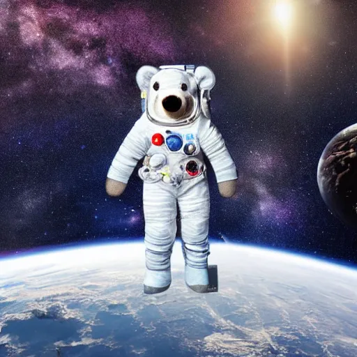 Prompt: a photo realistic portrait of a teddy bear wearing a space suit, heroic pose, publicity photo, nasa background