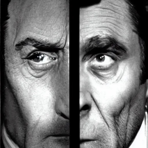 Prompt: Columbo vs Hannibal Lecter, cinematic, faces in focus, symmetrical faces!!!, round symmetrical eyes!!!, kodak 2383 film