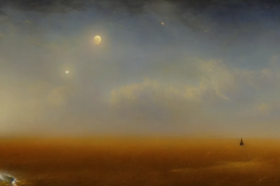 Prompt: sci-fi painting of a large alien city on the vast wheat fields, the closed back view of one humanoid robot on the ground, by Ivan Aivazovsky, godrays, atmospheric, cinematic, detailed