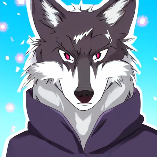 Image similar to key anime visual portrait of a handsome male anthro wolf furry fursona with beautiful eyes, wearing a hoodie, official modern animation