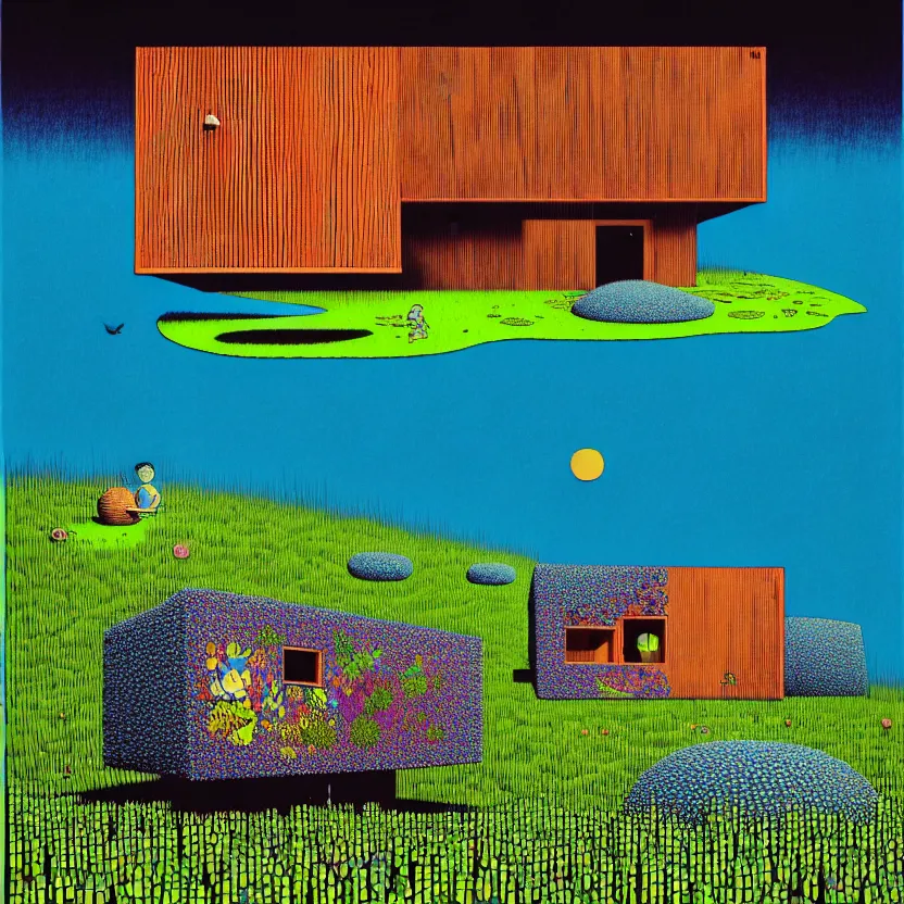 Image similar to surreal glimpse into other universe, a house by kengo kuma on an island, summer morning, very coherent and colorful high contrast, art by!!!! gediminas pranckevicius!!!!, geof darrow, floralpunk screen printing woodblock, dark shadows, hard lighting, stipple brush technique,