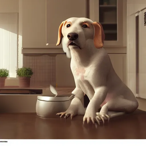 Prompt: a bored dog doing the dishes in the kitchen, very detailed and sharp photorealistic image, artstation, cinematic lighting