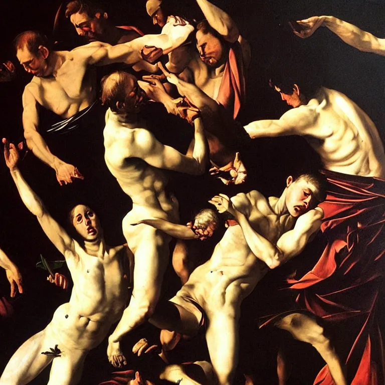 Prompt: these violent delights have violent ends, painting by caravaggio