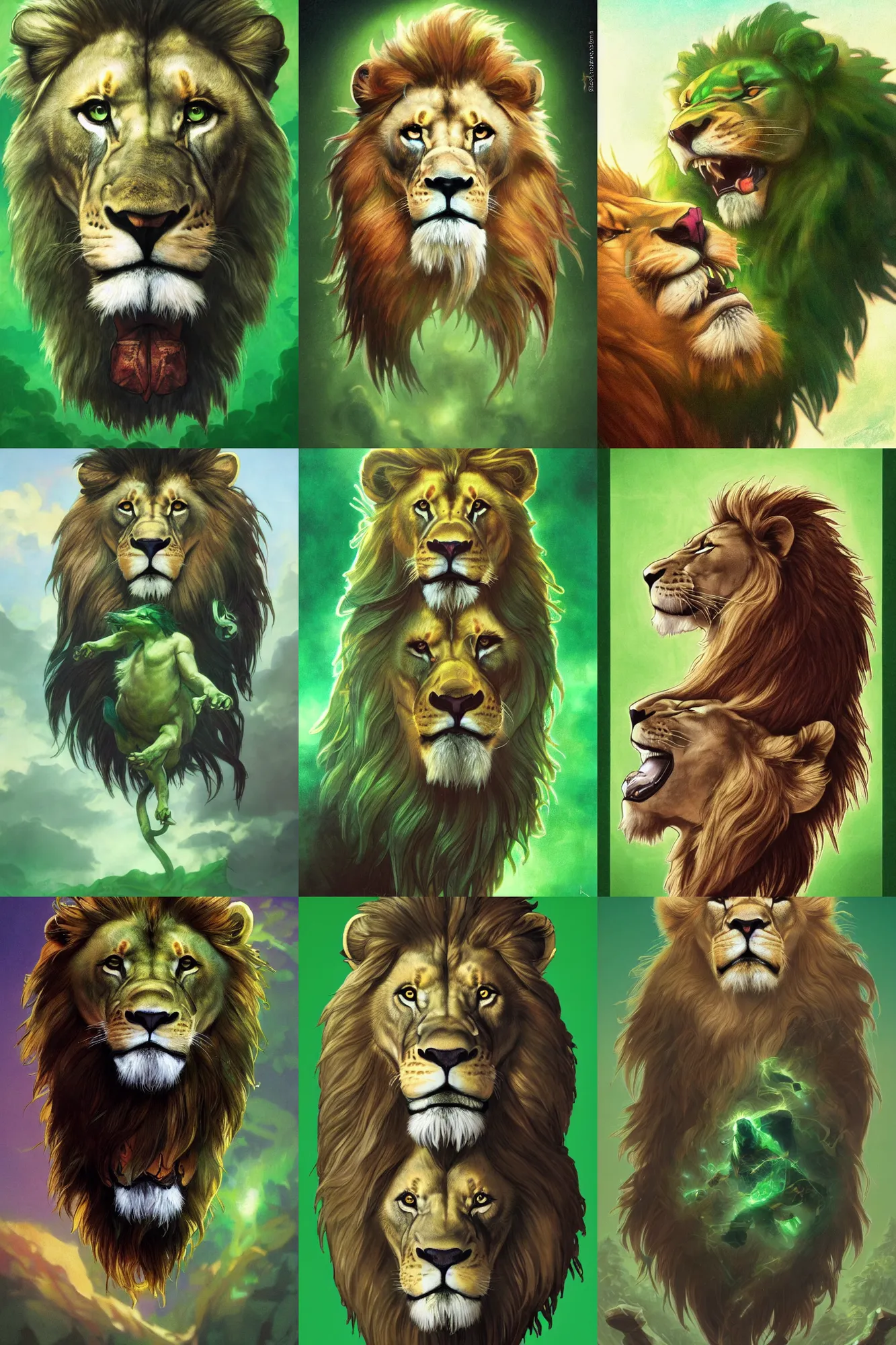 Prompt: medium shot ultra realistic illustration, medium shot fantasy lion head against a green back for chroma key by artgerm and greg rutkowski and alphonse mucha, medium shot, long shot, constant green background, trending on artstation