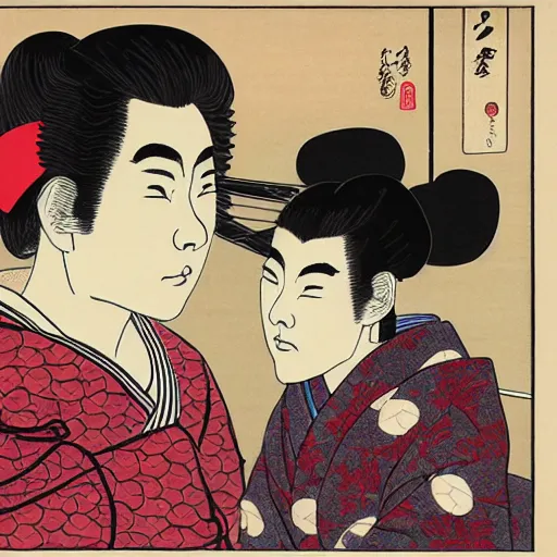 Image similar to rivers cuomo with a japanese woman with loose robes, ukiyo - e style