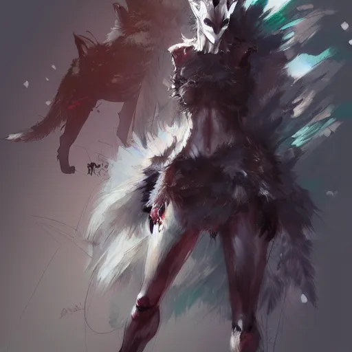 Image similar to concept art of anthropomorphized wolf fullbody, night theme, highly detailed painting by dustin nguyen, akihiko yoshida, greg tocchini, 4 k, trending on artstation, 8 k