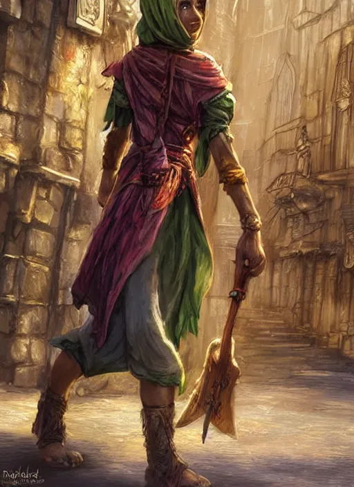 Image similar to female poor beggar on the streets, ultra detailed fantasy, dndbeyond, bright, colourful, realistic, dnd character portrait, full body, pathfinder, pinterest, art by ralph horsley, dnd, rpg, lotr game design fanart by concept art, behance hd, artstation, deviantart, hdr render in unreal engine 5