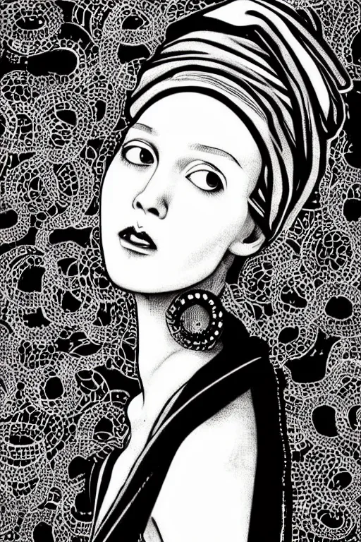 Image similar to beautiful portrait of a woman, negative no not the girl with a pearl earring, highly detailed ink illustration of a narrow neon lit tokyo alley, b & w clean shaped illustration by kim jung gi, ric estrada, ron english and eiichiro oda