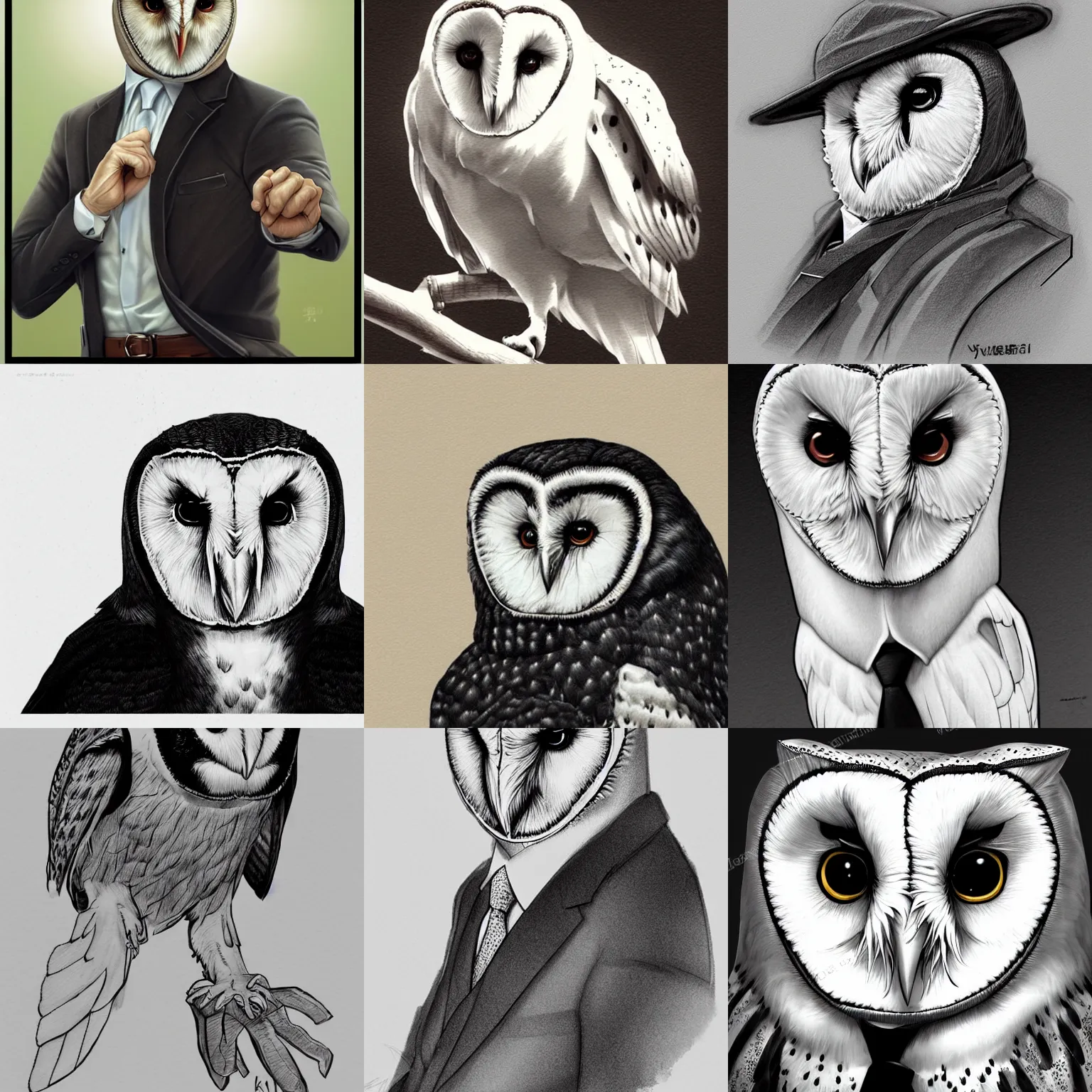 Prompt: portrait of a cute barn owl in a suit by yusuke murata and masakazu katsura, artstation, highly - detailed, cgsociety, artstation, pencil and ink, fighting pose, barn owl face, city in the background, dark colors, detailed face