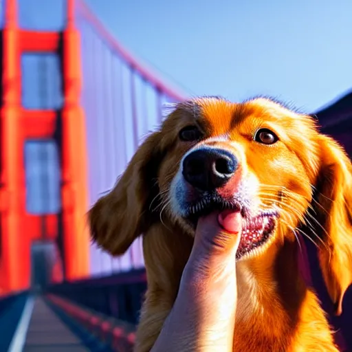 Image similar to insanely cute cuddling dog on golden gate bridge in pixar remake golden hour