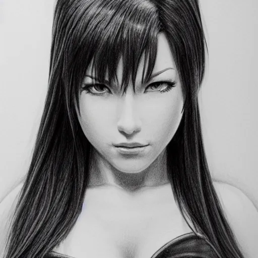 Image similar to hyper realistic pencil drawing of tifa lockheart, detail,