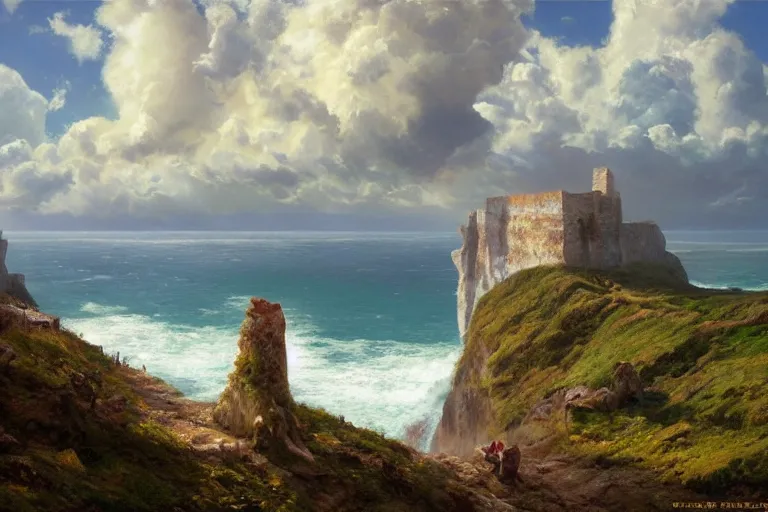 Prompt: The Cliffs of Dover with ruins on top and foliage, blue skies, ocean and cumulonimbus clouds, acrylic painting, highly detailed, saturated colors, by greg rutkowski and thomas kinkade trending on artstation