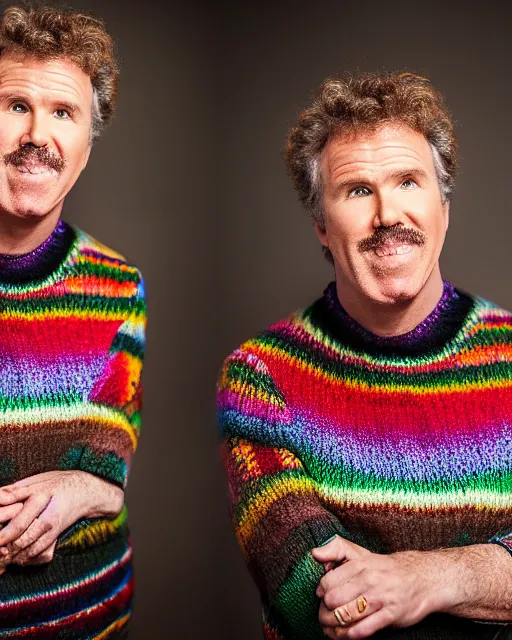 Image similar to headshot of the will ferrel, wearing a colorful coogi sweater, and a kilt, photoshoot in the style of annie leibovitz, studio lighting, soft focus, bokeh