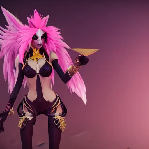 Image similar to still of pretty Xayah (League of Legends) in KDA More music video. 3d render, octane render, game art, realistic, highly detailed, trending on artstation, 4k, trending on artstation, pixar, cgsociety, unreal engine 5, redshift render, trending on artstation, blender, behance, cg