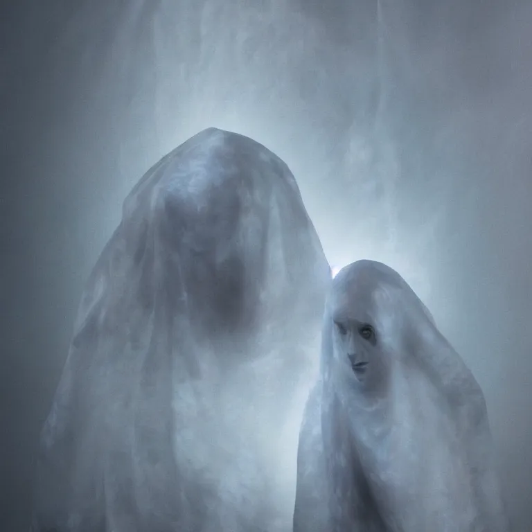 Image similar to octane render portrait by wayne barlow and carlo crivelli and glenn fabry, a woman wearing a skintight tie - dye bedsheet ghost costume, backlit, dramatic lighting, fog and mist, inside a futuristic nightclub, cinema 4 d, ray traced lighting, very short depth of field, bokeh