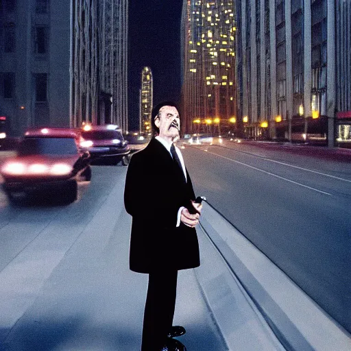 Image similar to 1 9 9 8 peter the great wearing a black wool coat and necktie in his car driving through the streets of chicago at night. cinematic dramatic atmosphere, sharp focus, soft volumetric studio lighting. high detail, photorealistic