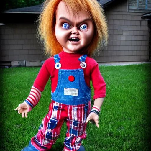 Image similar to Chucky the killer doll standing out in the yard