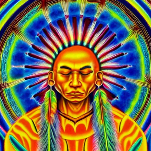 Prompt: a painting of elegant native american praying by flooko, alex grey, vibrant, detailed, ethereal, glows,