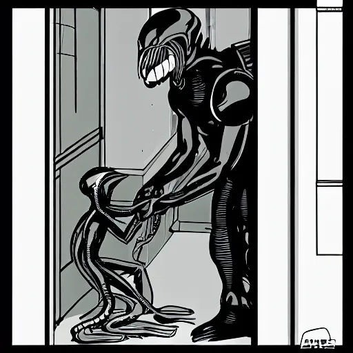 Prompt: xenomorph feeding on crewman in scifi hallway