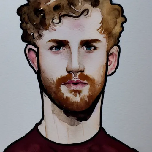 Prompt: abstract experimental watercolor drawing of a young cute handsome beautiful strawberry blond medium curly hair man in his early 2 0 s wearing a blank maroon t - shirt with grey - blue eyes, by elizabeth peyton and alphonse mucha, trending on artstation, artgen