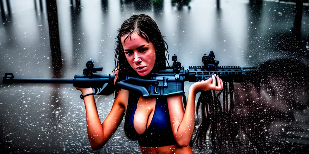 Prompt: hyperrealistic photo of a hot wet girl in the rain holding an ar - 1 5, 8 k