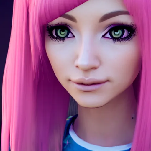 Prompt: A portrait of Nikki from Shining Nikki, a cute 3d cgi toon young woman with long pink hair, full bangs, hazel amber eyes, full face, light makeup, pale skin, Chinese, medium shot, mid-shot, soft focus, 4k, trending on artstation, as a Fortnite character