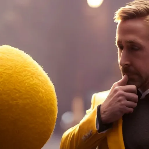 Image similar to Movie still of Ryan Gosling as humanoid Pacman, big round yellow head