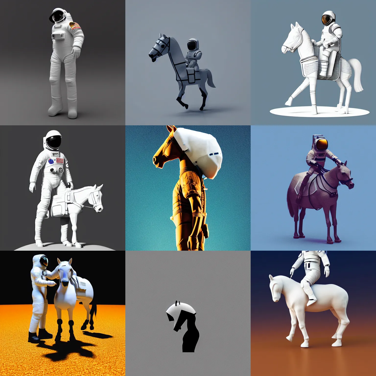 Prompt: an astronaut standing on the ground and a small centaur standing right above the human, the horse is atop of the head, on top his helmet and on his shoulders minimalist style, 3 d render, isometry
