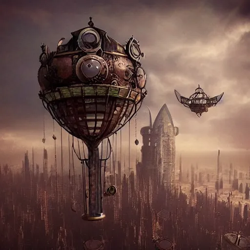 Image similar to flying city in a bronze tulip, sky, steampunk!!!, fantasy art, steampunk, masterpiece, octane