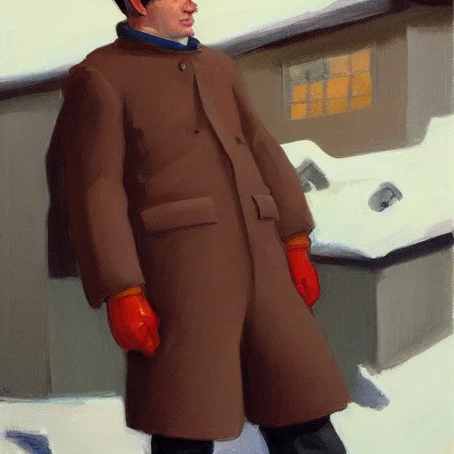 Image similar to a brown haired man wearing a snow suit, detailed, edward hopper, trending on artstation,