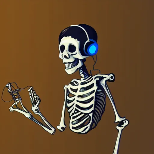 Image similar to skeleton with headphones playing a synthesizer, artstation, illustration, lights,