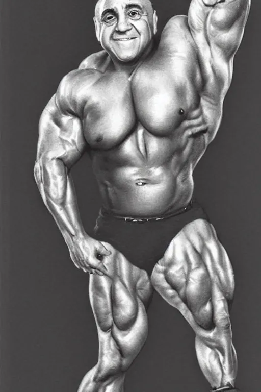 Image similar to muscular danny devito, danny devito bodybuilder, photorealistic, highly detailed,