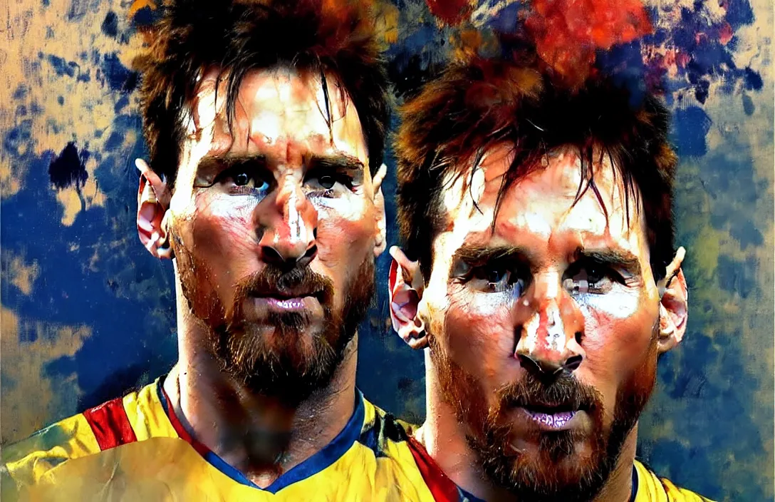 Image similar to portrait of lionel messi!!!!!!!!!!!!!!!!!!!!!!!!!!!, detailed face, detailed painting, epic lighting, by ilya repin, phil hale and kent williams