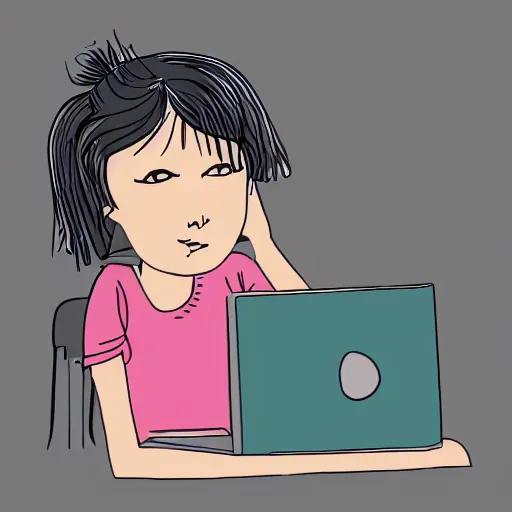 Prompt: girl in pyjamas working on computer, tired bags around eyes, digital art