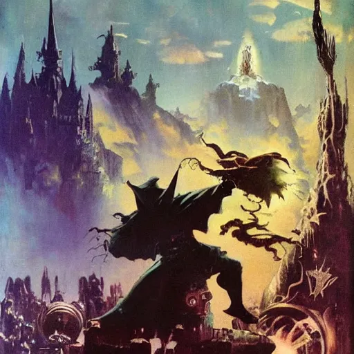 Prompt: book cover of wizard surrounded by crt televisions pvm oil on canvas by frank frazetta