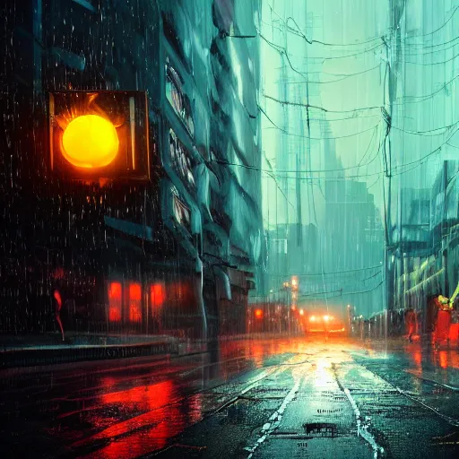 Image similar to jellyfish running on the street at night after the rain, with the silhouette of distant mountains in the background, cyberpunk style, darek zabrocki, 8 k