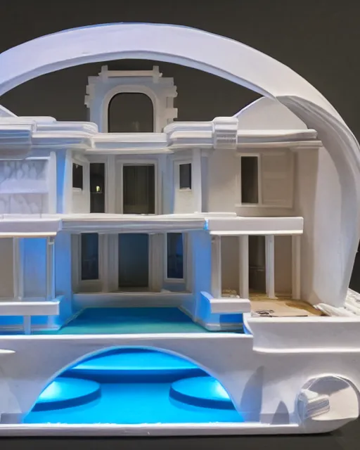 Image similar to Cinematic photo, highly detailed, Futuristic, 3D printed, clay, symmetrical, glossy white, architectural Villa, with artificial lighting, terra-cotta, prairie landscaping, illuminated swimming pool, daylight, exotic