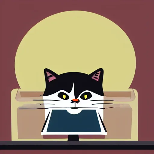 Image similar to vector illustration of a grumpy looking cat sitting on the keyboard of a laptop looking at me, digital art, cute, illustration, vector